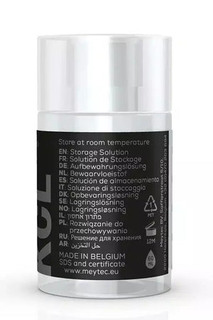 Contenitore cilindrico con etichette multilingue, capacità 60 ml, tappo trasparente.
