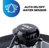 WaterTech Pool Volt Leaf Vac con sensore acqua, dettaglio del coperchio e icona sensore automatico.