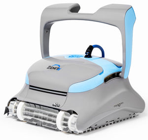 Robot piscina Dolphin Zenit 20i, grigio e blu, con maniglia, su sfondo bianco.