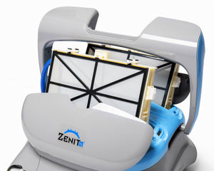 Robot piscina Dolphin Zenit 20i con coperchio aperto, filtri visibili, grigio e blu.