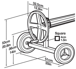 Rullo avvolgitore telescopico Kokido KALU con misure dettagliate per copertura piscina.