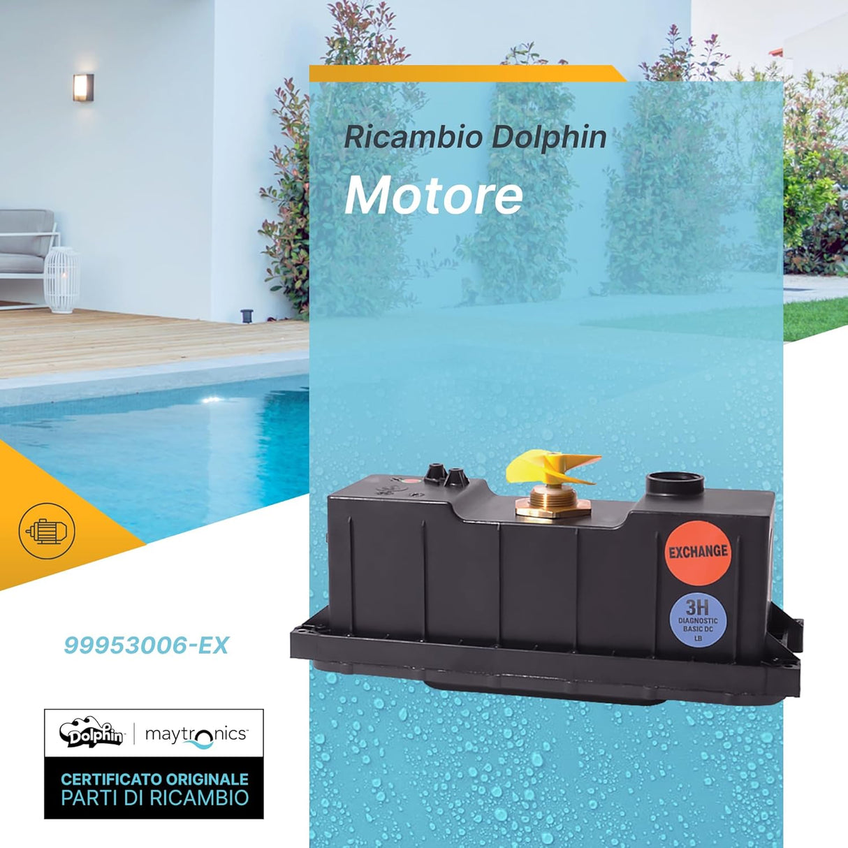 Box motore con centralina per robot piscina Dolphin, modello 99953006-EX, su sfondo bordo piscina.