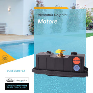 Box motore con centralina per robot piscina Dolphin, modello 99953006-EX, su sfondo bordo piscina.