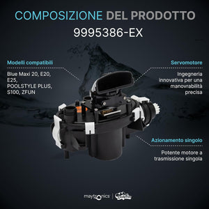 Box motore con centralina per robot piscina Maytronics Dolphin, modelli compatibili elencati.