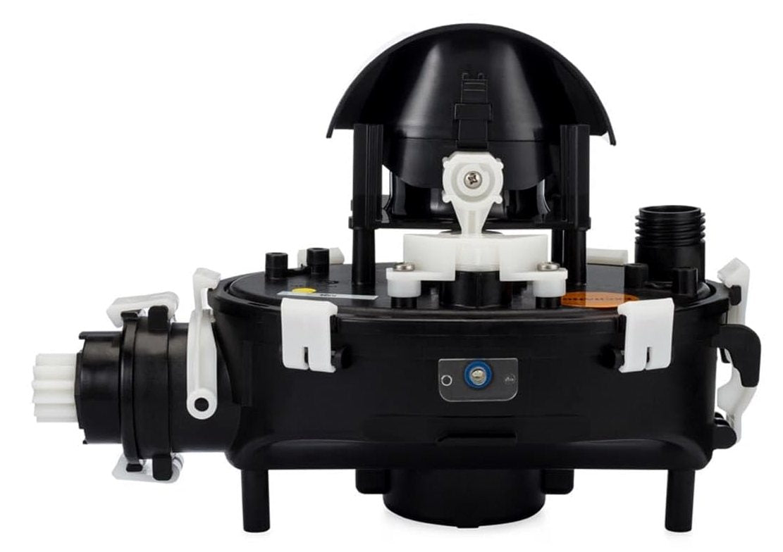 Box motore nero con centralina per robot piscina Maytronics Dolphin, vista laterale.