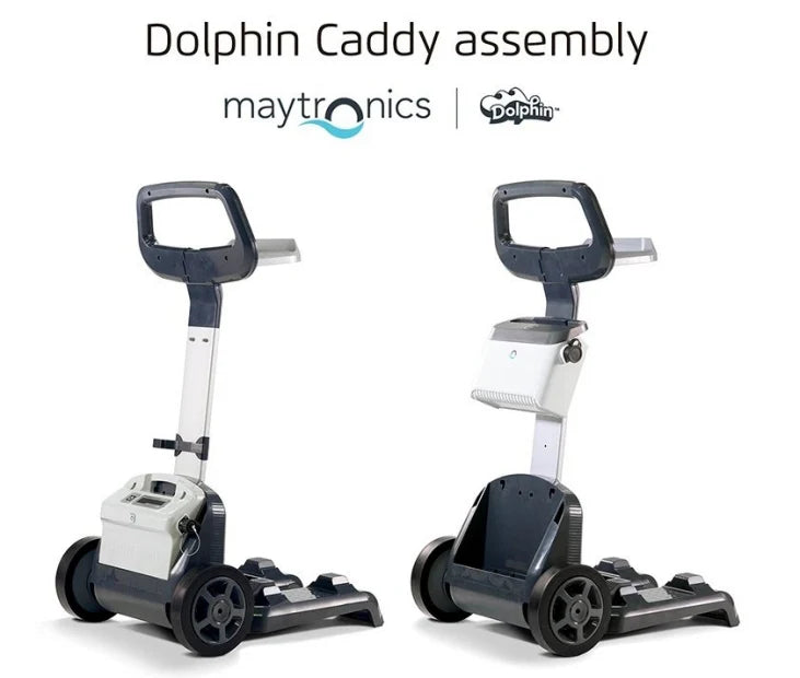 Carrello di trasporto Caddy per robot piscina Maytronics Dolphin, vista frontale e laterale.