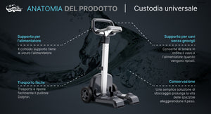 Carrello di trasporto per robot piscina Dolphin con supporto per alimentatore e cavi senza grovigli.