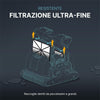 Cartucce filtro 50 micron per robot piscina, mostra struttura interna e flusso di detriti.