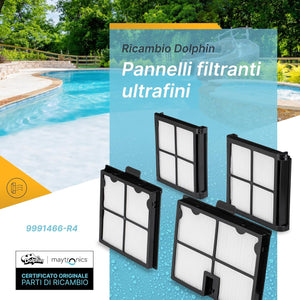 Cartucce filtro ultrafini per robot piscina Maytronics Dolphin, sfondo piscina e giardino.