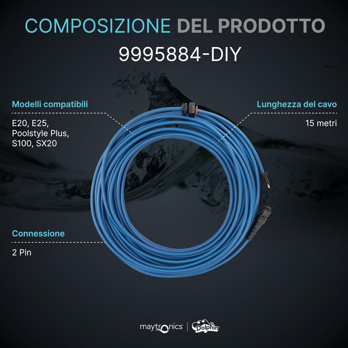 Cavo galleggiante blu 15 m con connettori 2 pin per robot piscina Maytronics Dolphin.