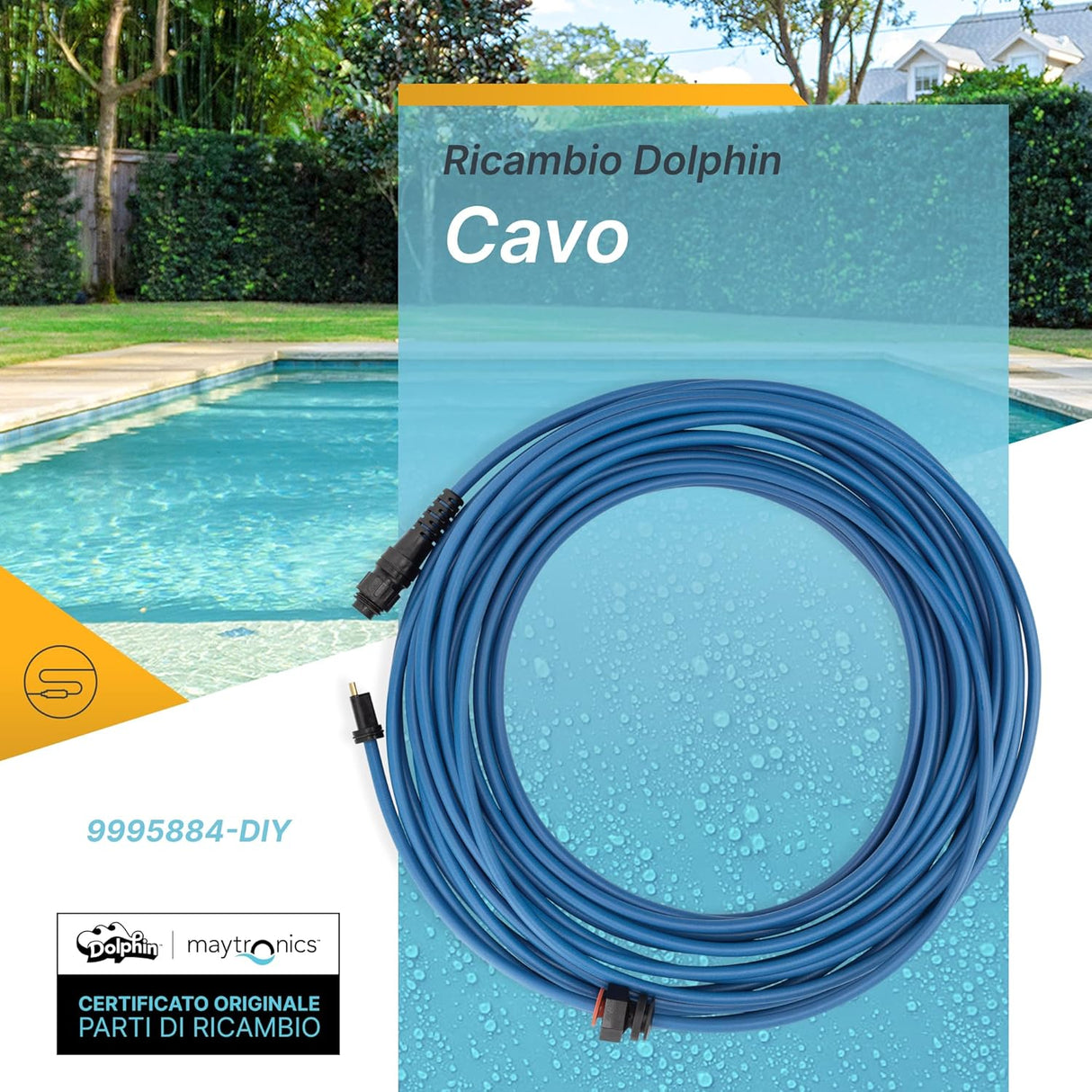 Cavo galleggiante blu 15m con connettori per robot piscina Maytronics Dolphin, vista vicino a una piscina.