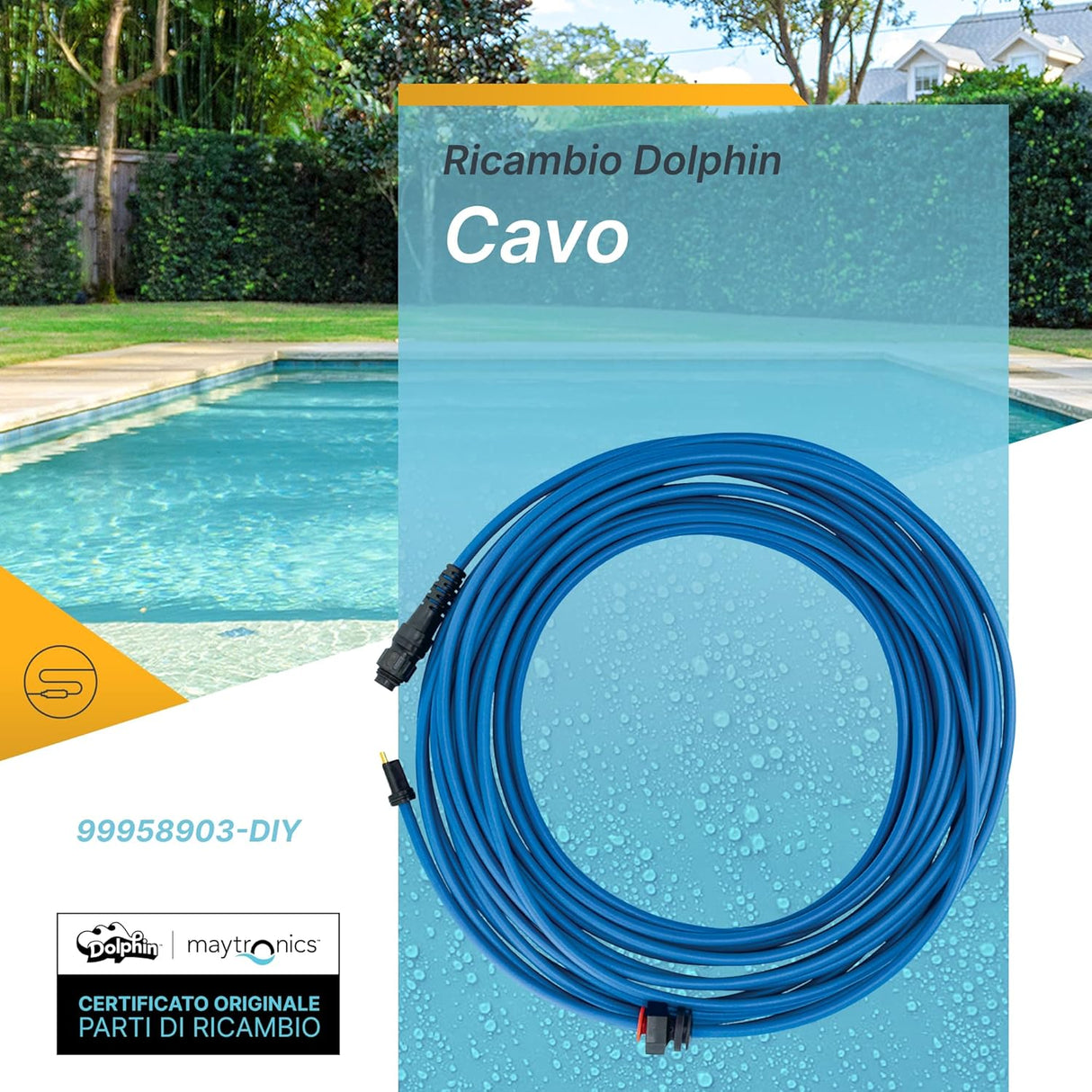 Cavo galleggiante blu 18 metri con connettori per robot piscina Maytronics Dolphin, bordo piscina sullo sfondo.