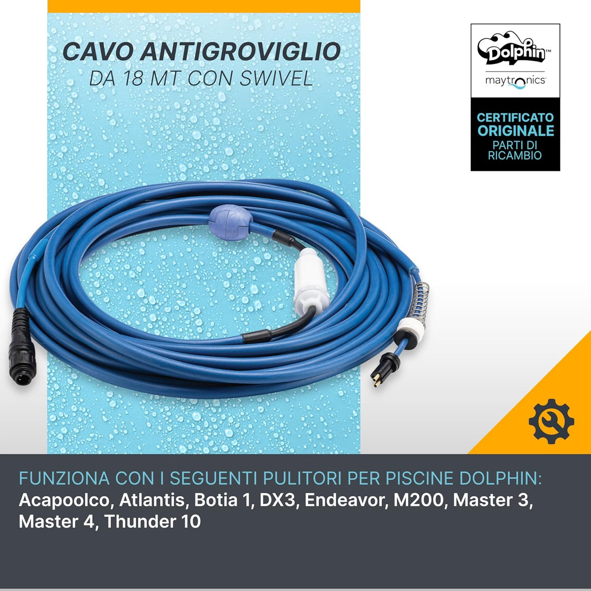 Cavo galleggiante blu 18 mt con swivel e connettori per robot piscina Maytronics Dolphin.