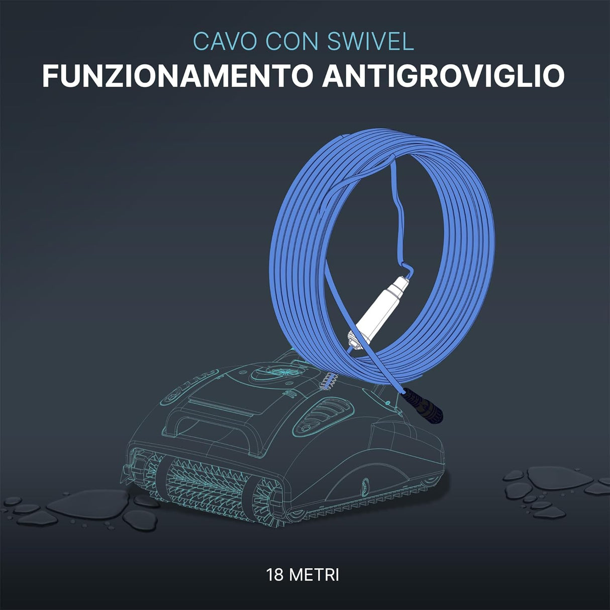 Cavo galleggiante blu 18m con swivel su robot piscina Maytronics Dolphin, illustrazione tecnica.