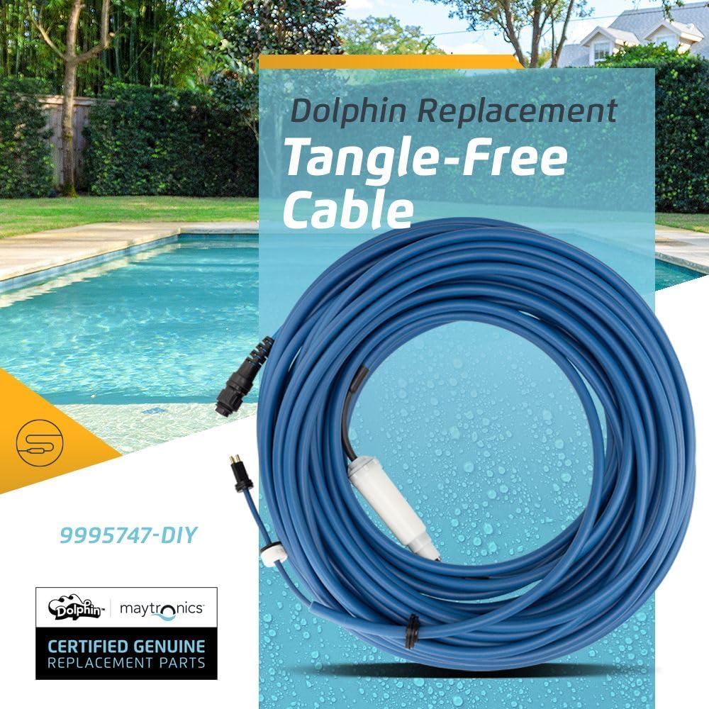 Cavo galleggiante blu 30m con connettori per robot Maytronics Dolphin vicino a una piscina.