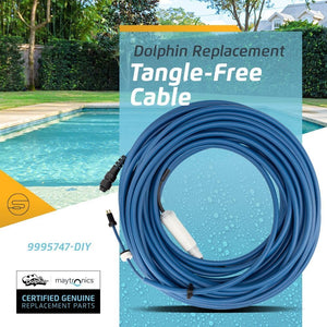 Cavo galleggiante blu 30m con connettori per robot Maytronics Dolphin vicino a una piscina.