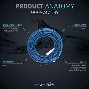 Cavo galleggiante blu 30m con swivel e connettori 3 PIN per robot piscina Maytronics Dolphin.