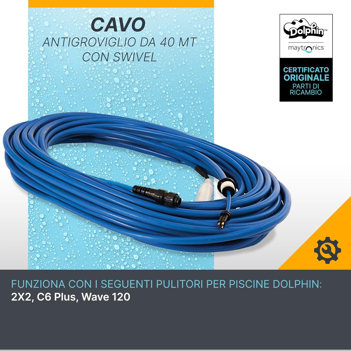 Cavo galleggiante blu 40 m con swivel, connettori per robot piscina Dolphin Dynamic 2X2, Wave 120, C6 Plus.