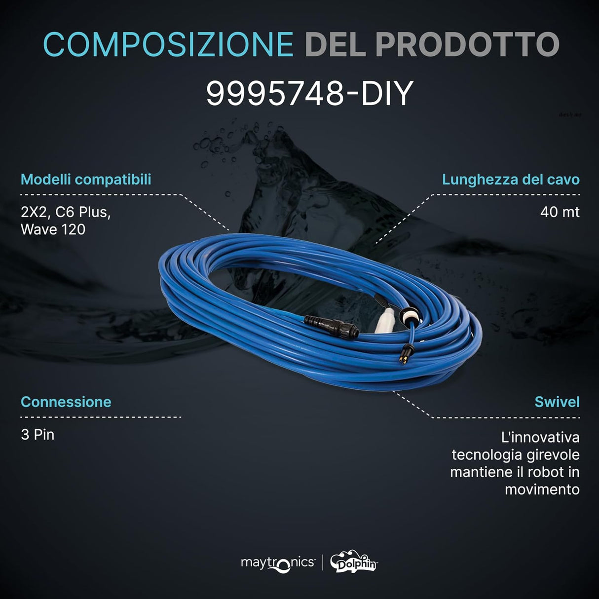 Cavo galleggiante blu 40 mt con swivel e connettori 3 pin per robot piscina Maytronics Dolphin.
