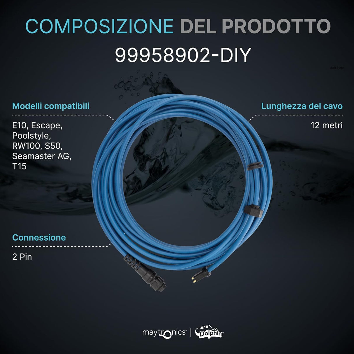 Cavo galleggiante blu da 12 metri con connettori a 2 pin per robot piscina Maytronics vari modelli.