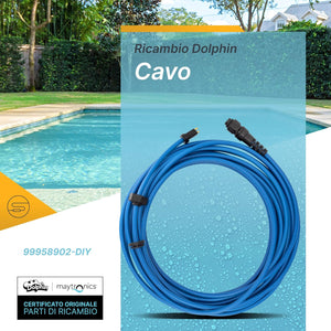 Cavo galleggiante blu da 12 metri con connettori per robot piscina Maytronics, in ambiente piscina.