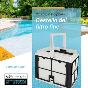 Cestello filtrante 50 micron per robot piscina Maytronics Dolphin, adatto a vari modelli.