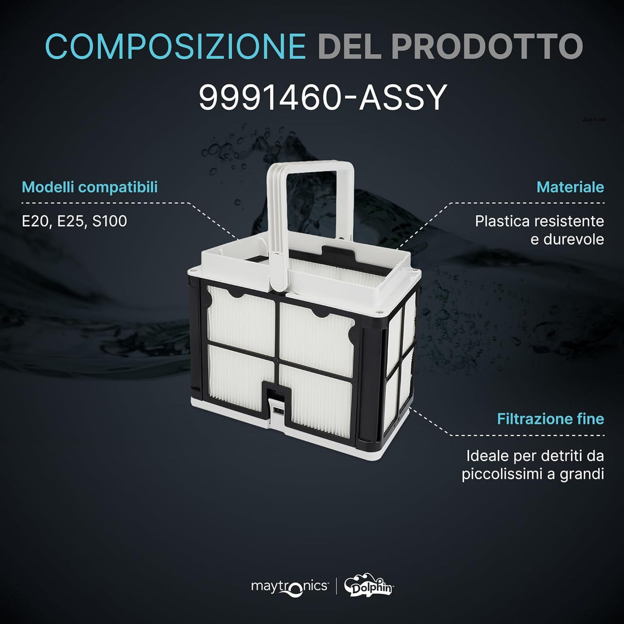 Cestello filtrante con cartucce 50 micron per robot piscina Maytronics Dolphin, compatibile con vari modelli.