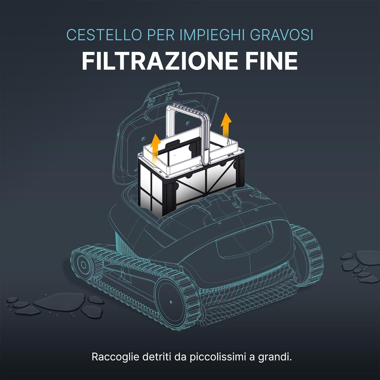 Cestello filtro 100 micron per robot piscina, illustrazione con frecce di estrazione.