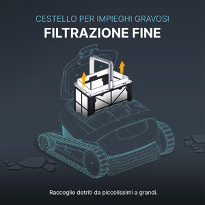 Cestello filtro 100 micron per robot piscina, illustrazione con frecce di estrazione.
