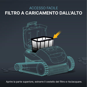 Cestello filtro 100 micron per robot piscina Maytronics Dolphin, mostrato in sezione con accesso dall'alto.