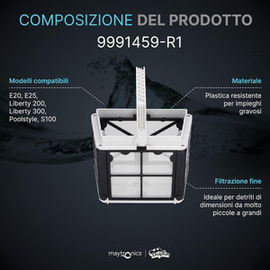 Cestello filtro 100 micron per robot piscina Dolphin, compatibile con vari modelli, mostra materiale e filtrazione.