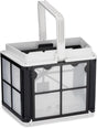 Cestello filtro con cartucce 100 micron per robot piscina Maytronics Dolphin, struttura bianca e nera.