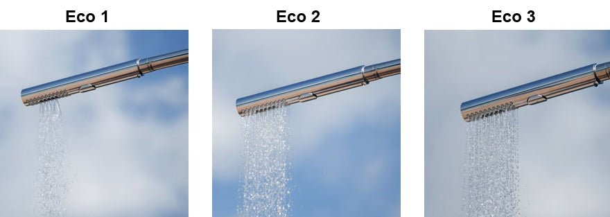 Doccia piscina in acciaio inox AISI 304L lucido con getto d'acqua, cielo azzurro sullo sfondo.