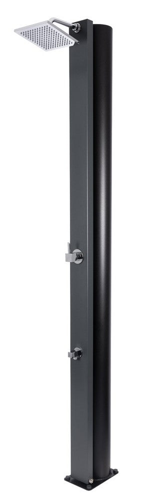 Doccia solare in acciaio inox con miscelatore e risciacquo piedi, capacità 60 litri.