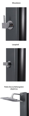 Doccia solare in acciaio inox con miscelatore, lavapiedi e soffione rettangolare 20x20 cm.