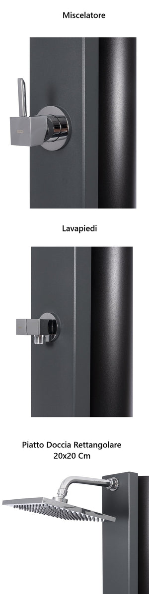 Doccia solare in acciaio inox con miscelatore, lavapiedi e soffione rettangolare 20x20 cm.