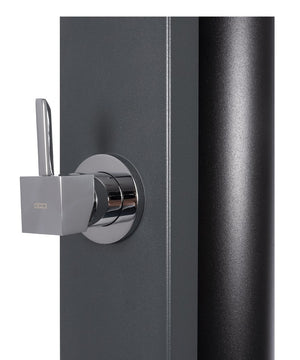 Doccia solare in acciaio inox con miscelatore e risciacquo piedi, capacità 60 litri.