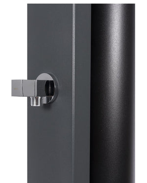 Doccia solare in acciaio inox AISI 304 con miscelatore e risciacquo piedi, capacità 60 litri.