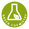 Logo Green Chemistry con beuta bianca e foglia verde su sfondo circolare verde.
