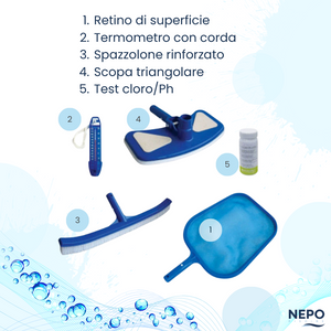 Kit manutenzione piscina: retino, termometro, spazzolone, scopa triangolare, test cloro/Ph.