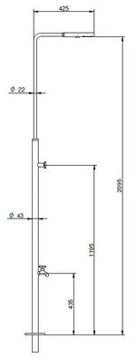 Doccia piscina in acciaio inox AISI 304L lucido con lavapiedi, vista laterale con misure dettagliate.