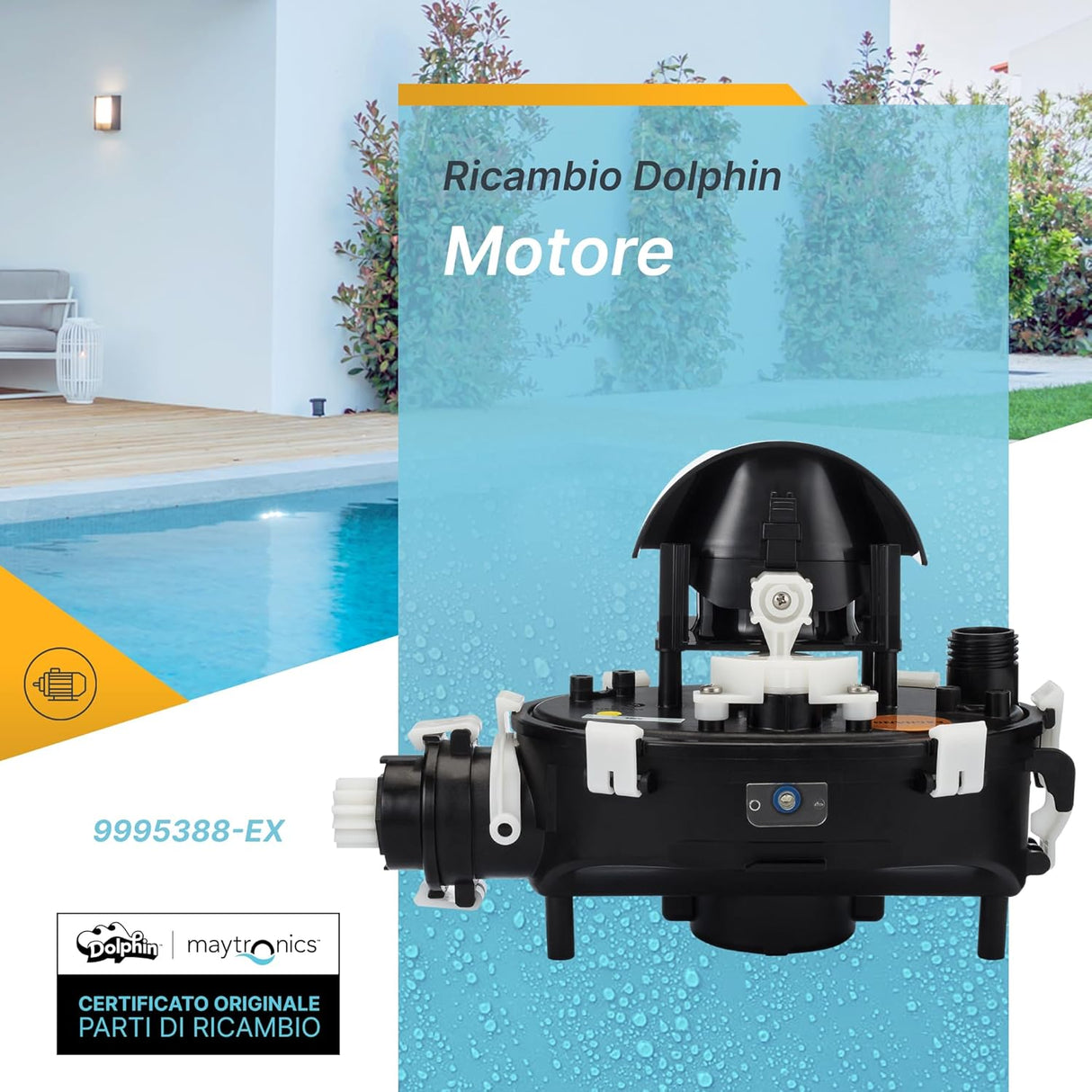 Motore di ricambio per robot piscina Maytronics Dolphin, modello 9995388-EX, a bordo piscina.