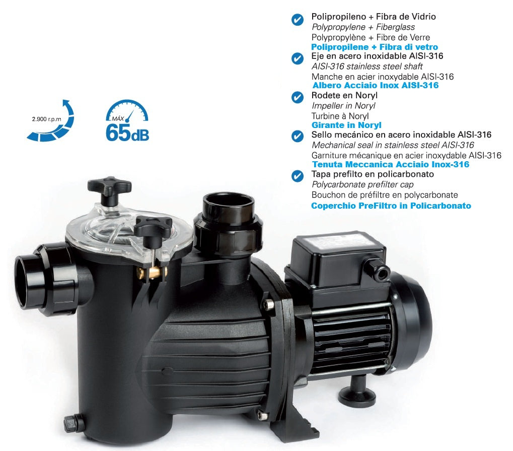 Pompa Piscina per Ricircolo e Filtraggio Acqua Saci Optima - Monofase - 0,33 / 0,5 / 0,75 / 1 HP