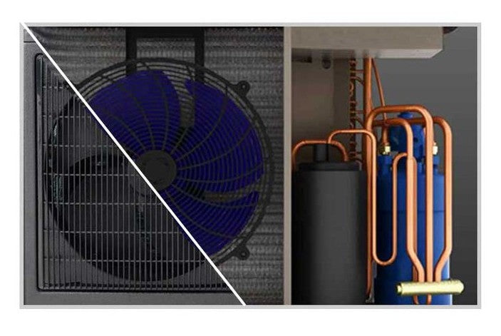 Ventola e tubi di un kit by-pass per pompa di calore piscina con attacchi Ø 50 mm.