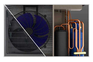 Ventola e tubi di un kit by-pass per pompa di calore piscina con attacchi Ø 50 mm.