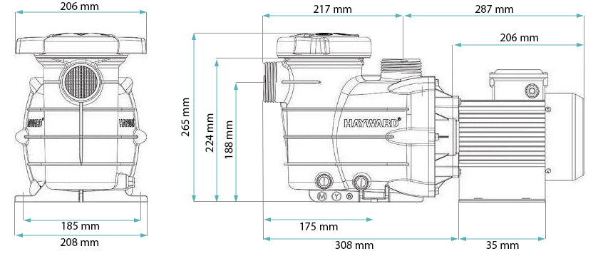 Pompa piscina Hayward PL Power Line IE2, disegno tecnico con misure dettagliate.