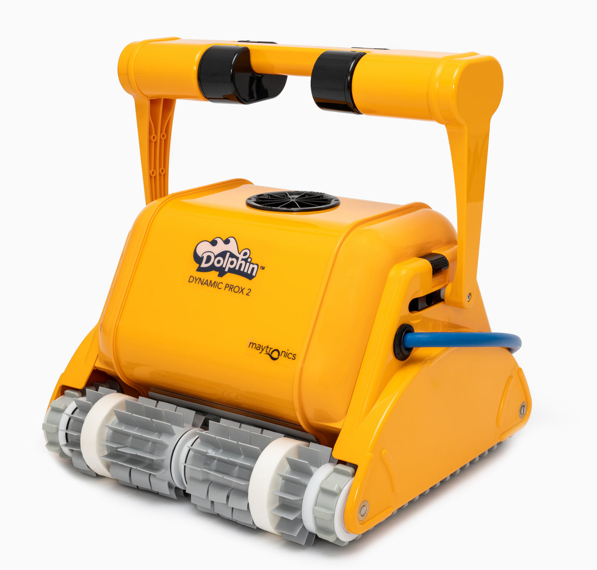 Robot piscina Dolphin Dynamic Pro X2 giallo con rulli grigi, ideale per piscine fino a 25 metri.