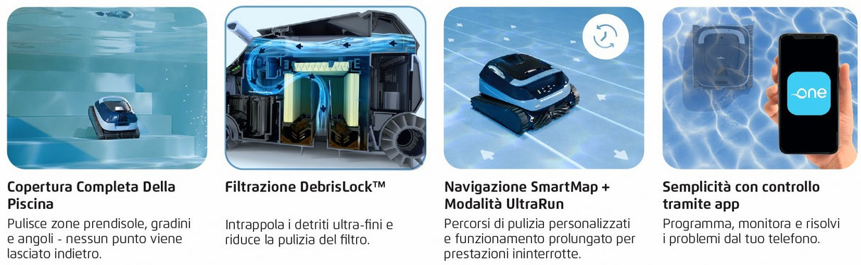 Robot piscina Dolphin Eon 100i su gradini, sezione interna del filtro, navigazione in acqua, controllo app.