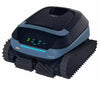 Robot piscina Dolphin Eon 100i cordless su fondo bianco, con cingoli e luci LED accese.