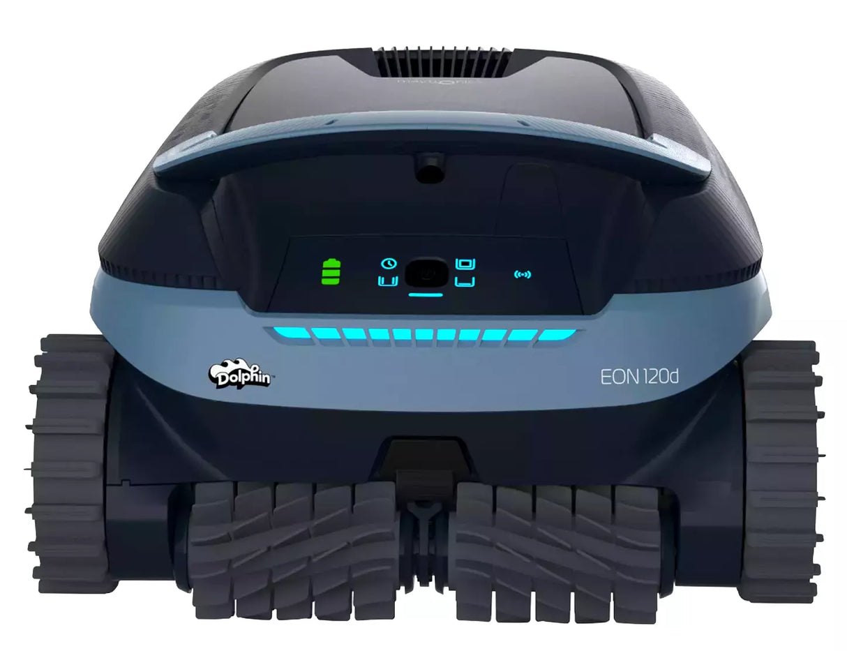 Robot piscina Dolphin Eon 100i su fondo bianco, con luci LED e cingoli, adatto per piscine fino a 15 metri.